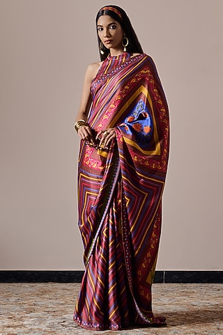 Multi-Colored Satin Striped Digital Printed Saree Set by Irrau by Samir Mantri