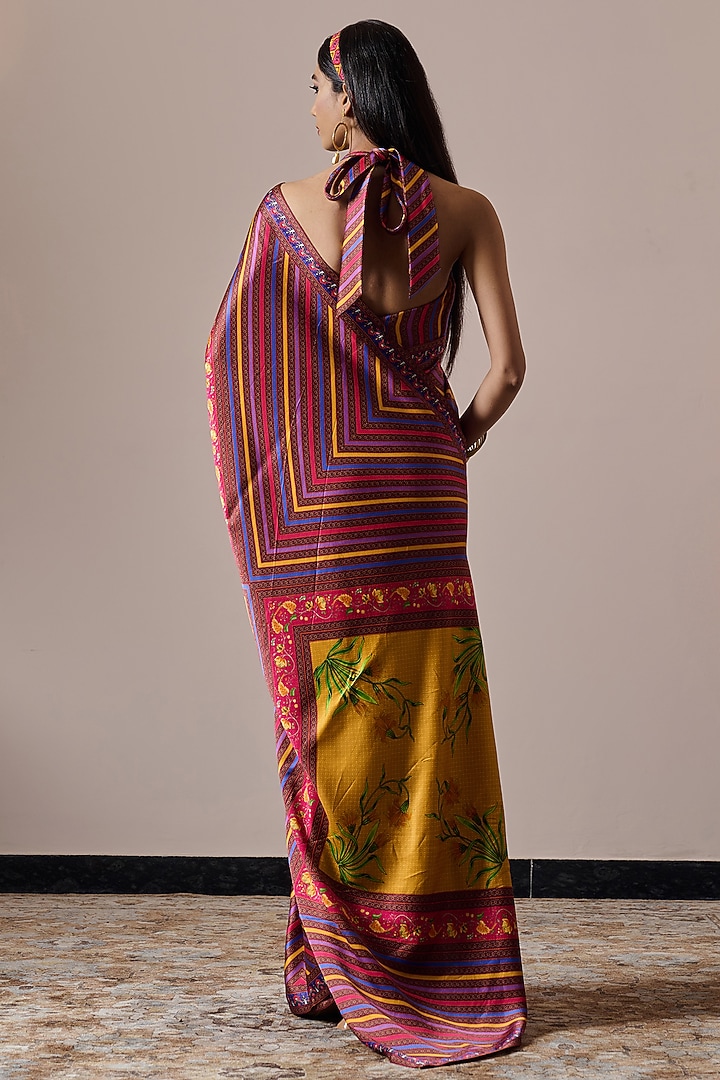 Multi-Colored Satin Striped Digital Printed Party Wear Saree Set by Irrau by Samir Mantri at Pernia's Pop Up Shop