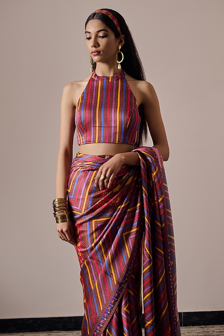 Multi-Colored Satin Striped Digital Printed Party Wear Saree Set by Irrau by Samir Mantri at Pernia's Pop Up Shop