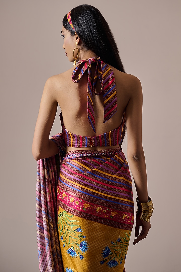 Multi-Colored Satin Striped Digital Printed Party Wear Saree Set by Irrau by Samir Mantri at Pernia's Pop Up Shop
