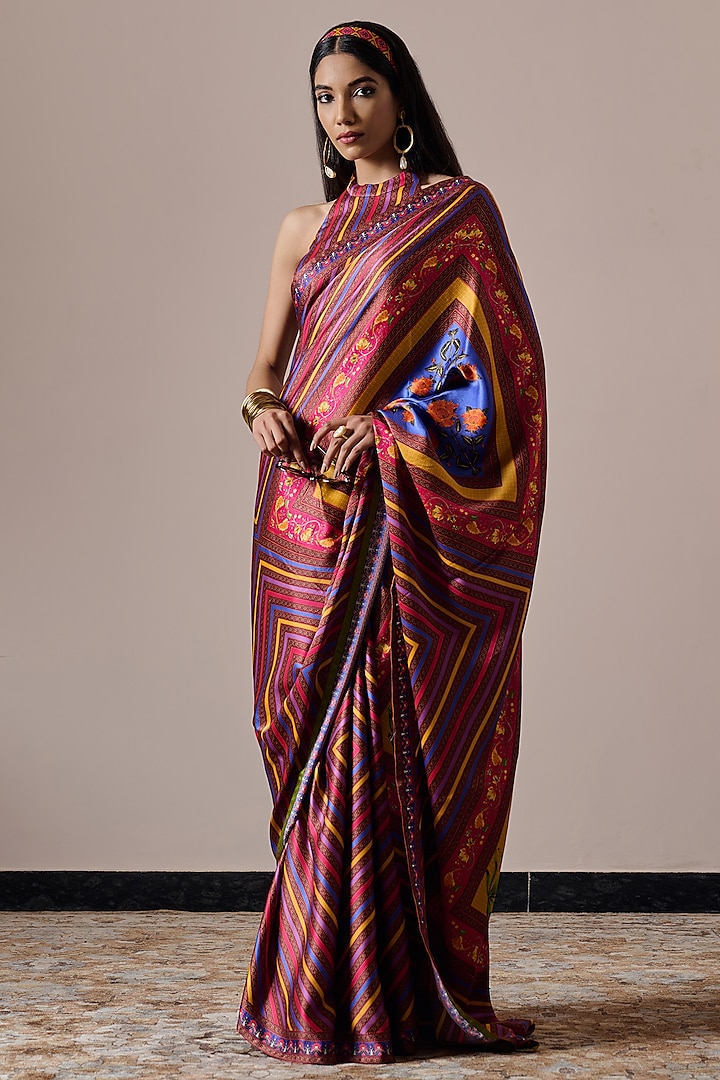 Multi-Colored Satin Printed Saree by Irrau by Samir Mantri at Pernia's Pop Up Shop