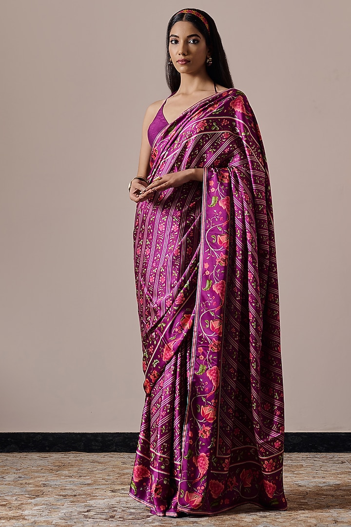 Plum Satin Floral Printed Saree Set by Irrau by Samir Mantri at Pernia's Pop Up Shop