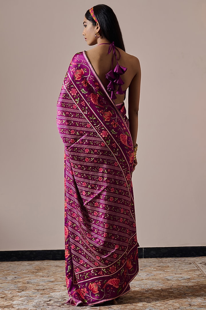 Plum Satin Floral Printed Party Wear Saree Set by Irrau by Samir Mantri at Pernia's Pop Up Shop