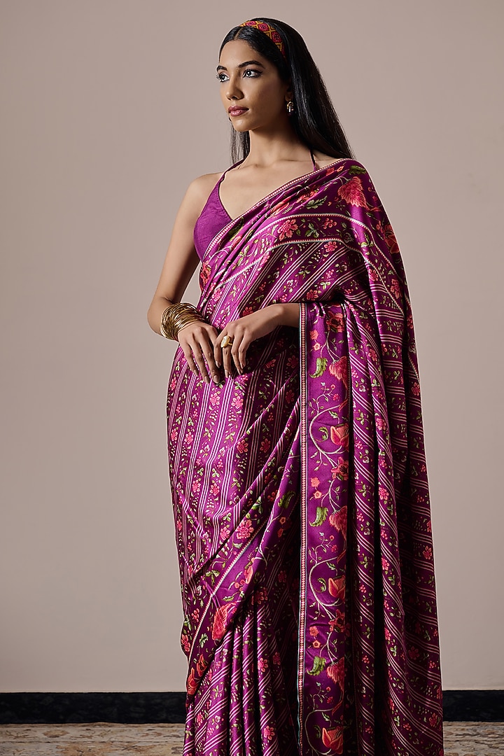 Plum Satin Floral Printed Party Wear Saree Set by Irrau by Samir Mantri at Pernia's Pop Up Shop