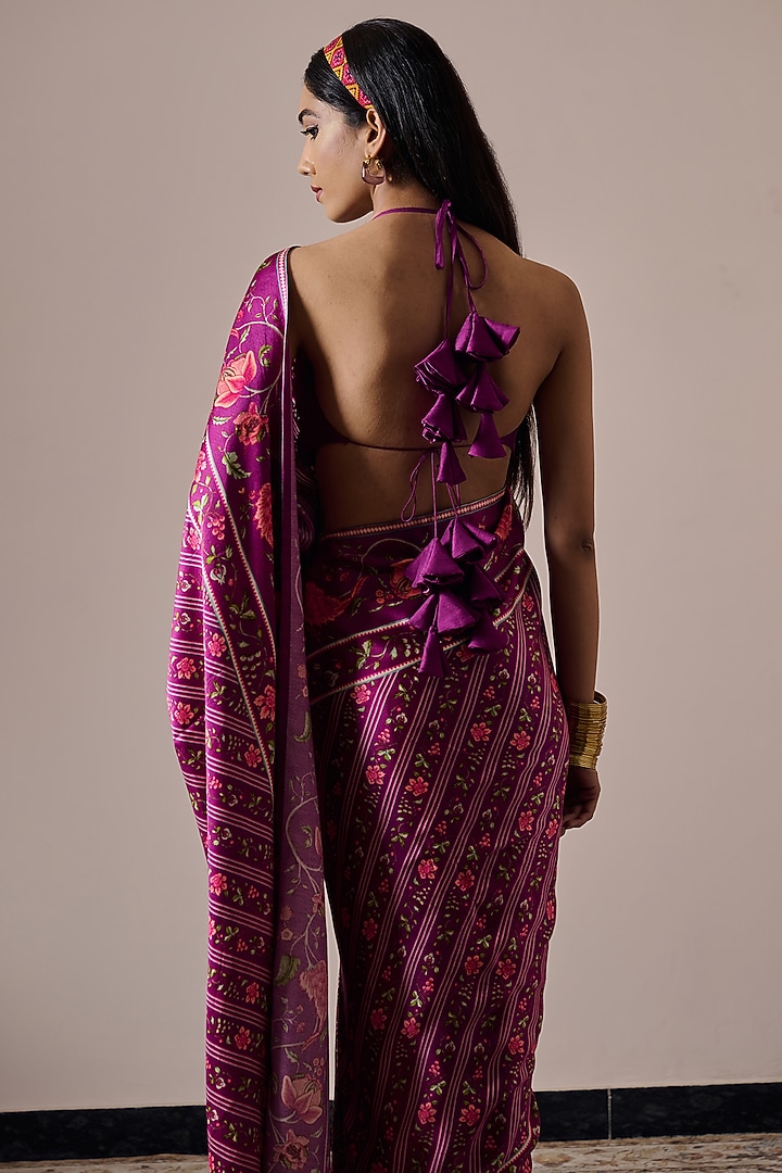 Plum Satin Floral Printed Party Wear Saree Set by Irrau by Samir Mantri at Pernia's Pop Up Shop