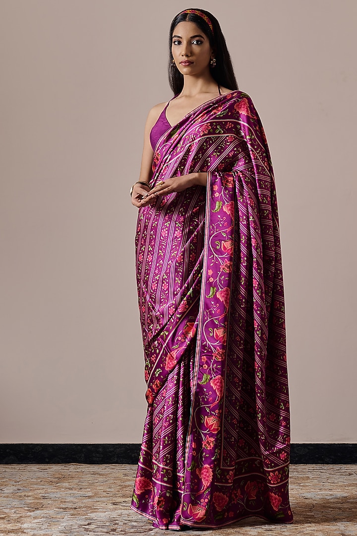 Plum Satin Floral Printed Saree by Irrau by Samir Mantri at Pernia's Pop Up Shop