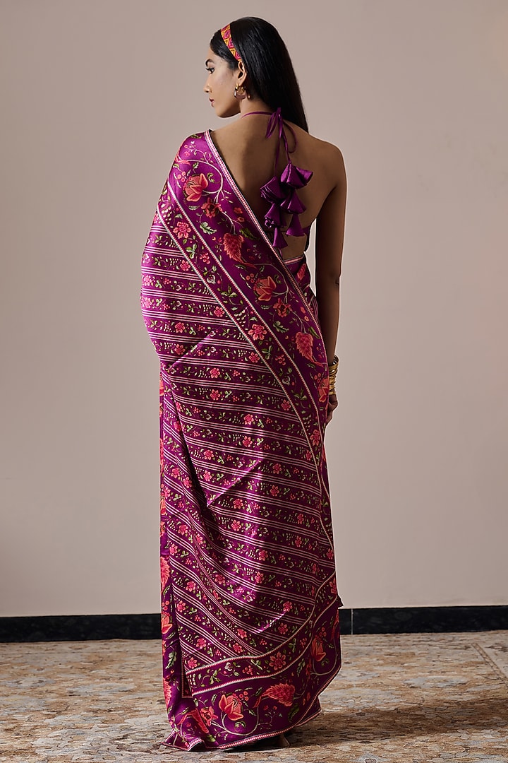 Plum Satin Floral Printed Festive Saree by Irrau by Samir Mantri at Pernia's Pop Up Shop