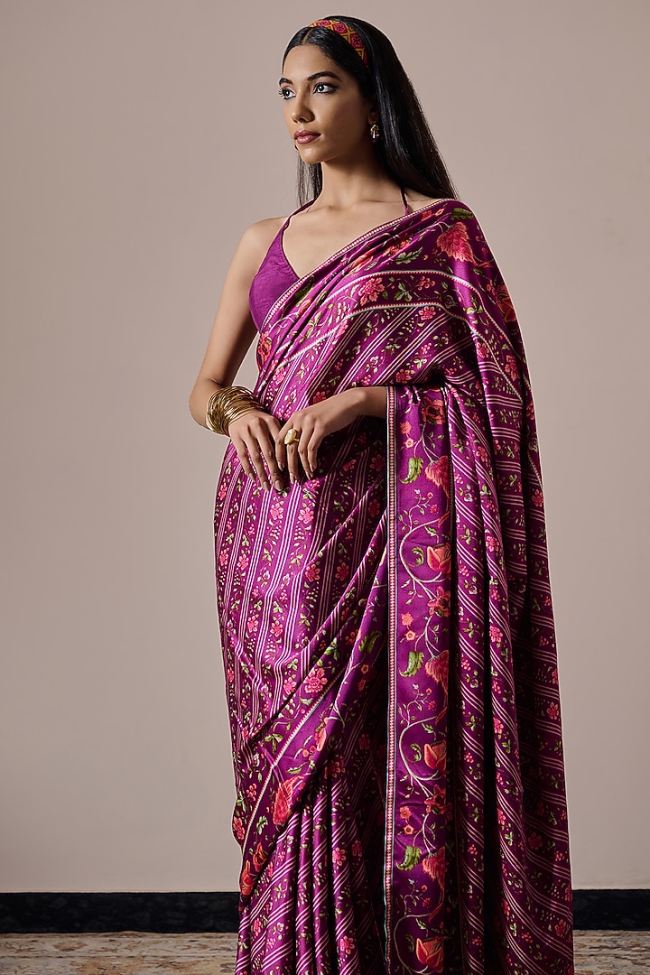 Plum Satin Floral Printed Festive Saree by Irrau by Samir Mantri at Pernia's Pop Up Shop