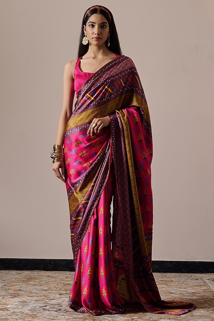 Multi-Colored Satin Printed Saree Set by Irrau by Samir Mantri at Pernia's Pop Up Shop