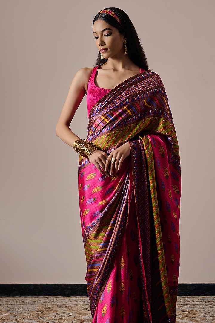 Multi-Colored Satin Printed Party Wear Saree Set by Irrau by Samir Mantri at Pernia's Pop Up Shop