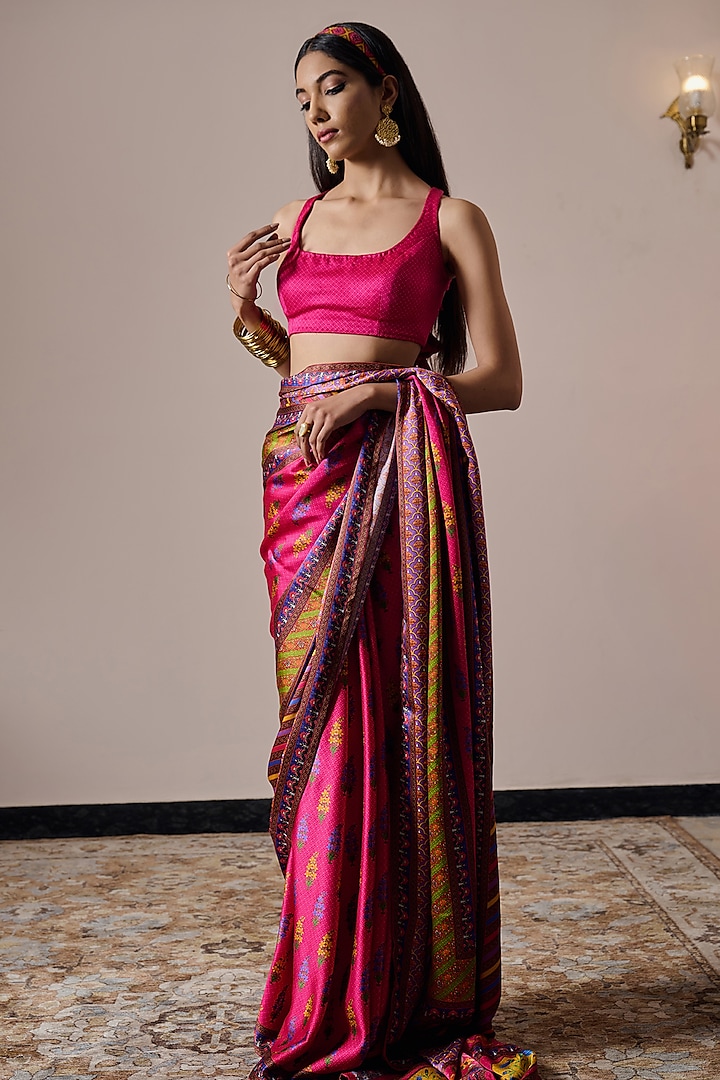 Multi-Colored Satin Printed Party Wear Saree Set by Irrau by Samir Mantri at Pernia's Pop Up Shop