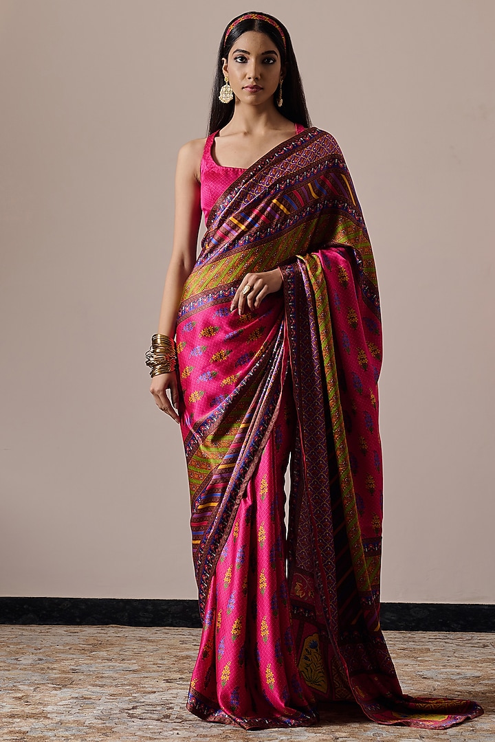 Multi-Colored Satin Printed Saree by Irrau by Samir Mantri