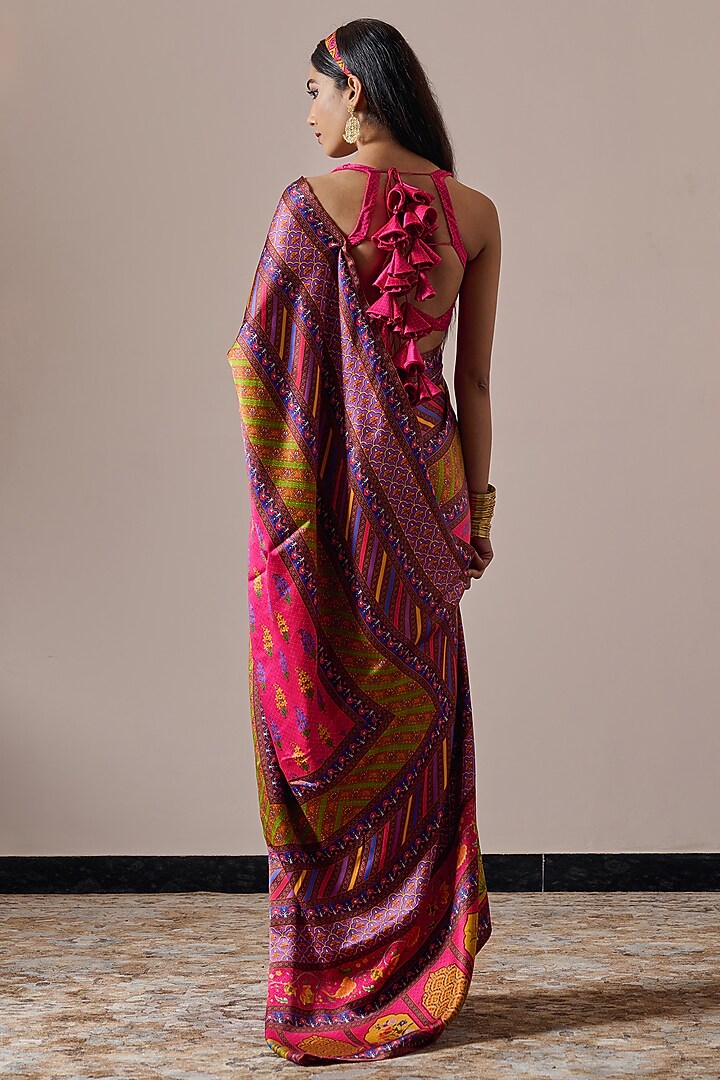 Fuchsia Pink Satin Digital Printed Blouse by Irrau by Samir Mantri at Pernia's Pop Up Shop