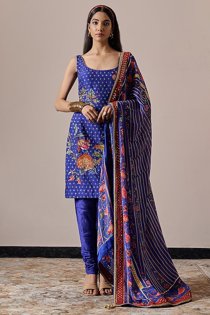 Persian Blue Dupion Floral Printed & Hand Embroidered Tunic Set by Irrau by Samir Mantri at Pernia's Pop Up Shop