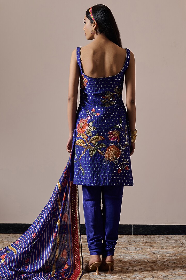 Persian Blue Dupion Floral Printed & Hand Embroidered Tunic Set by Irrau by Samir Mantri at Pernia's Pop Up Shop