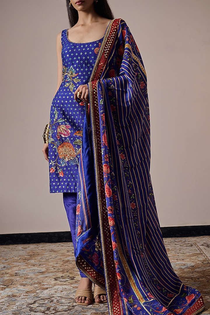 Persian Blue Dupion Floral Printed & Hand Embroidered Tunic Set by Irrau by Samir Mantri at Pernia's Pop Up Shop