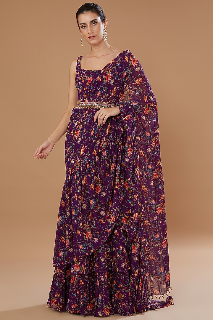 Plum Georgette Printed Skirt Wedding Saree Set by Irrau by Samir Mantri at Pernia's Pop Up Shop