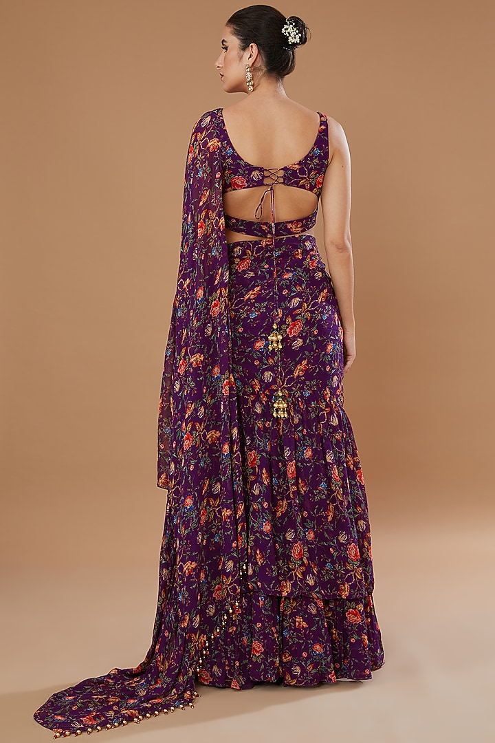 Plum Georgette Printed Skirt Wedding Saree Set by Irrau by Samir Mantri at Pernia's Pop Up Shop