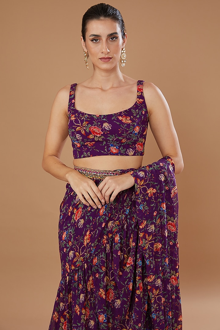 Plum Georgette Printed Skirt Wedding Saree Set by Irrau by Samir Mantri at Pernia's Pop Up Shop