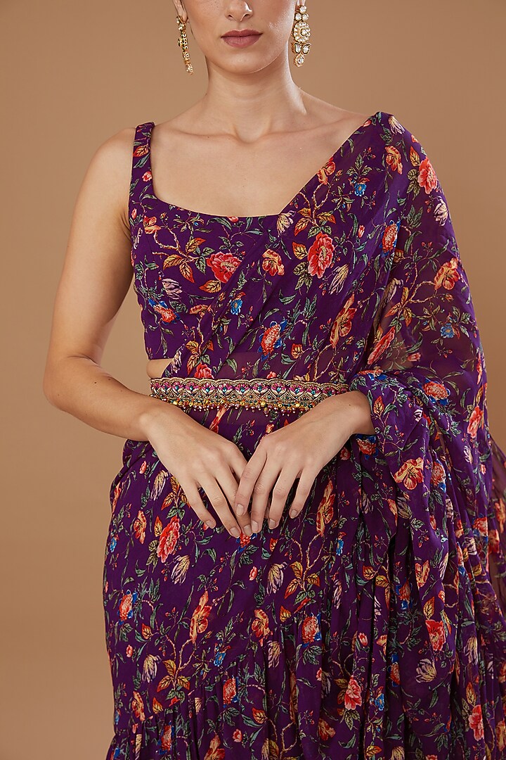 Plum Georgette Printed Skirt Wedding Saree Set by Irrau by Samir Mantri at Pernia's Pop Up Shop