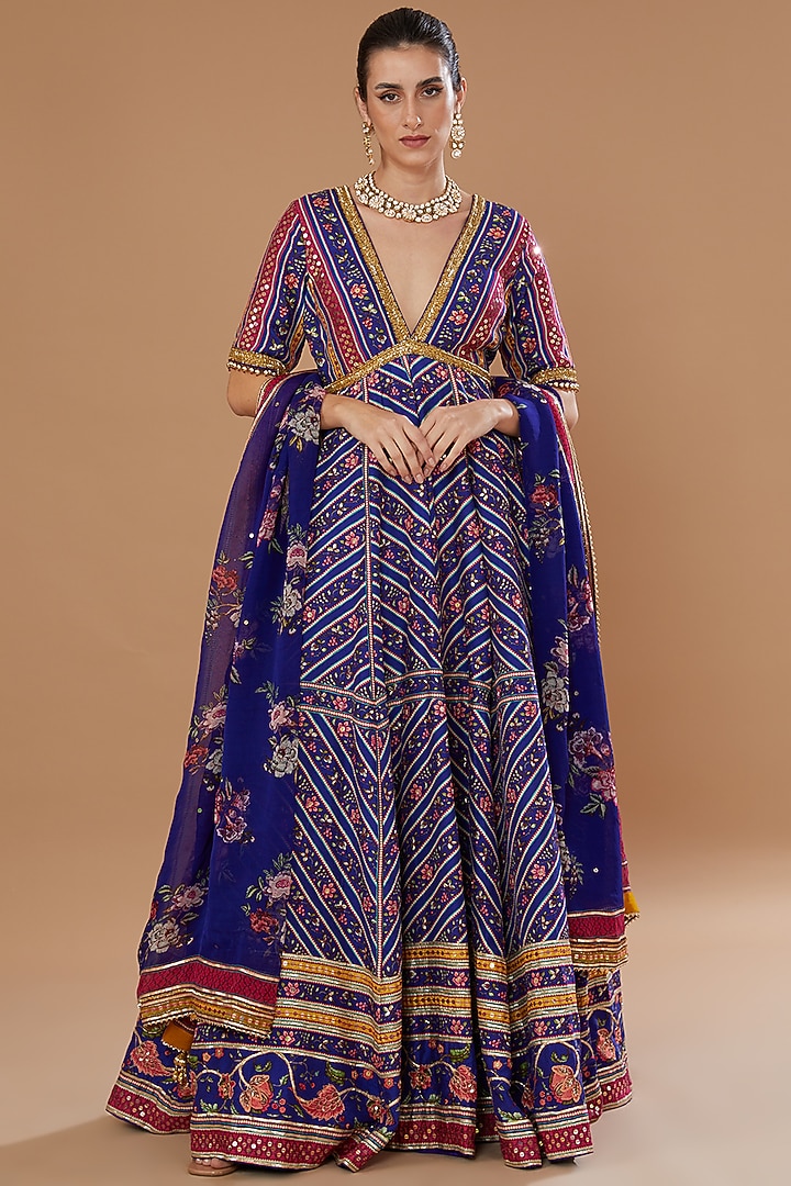 Blue Dupion Printed & Embroidered Wedding Anarkali Set by Irrau by Samir Mantri at Pernia's Pop Up Shop