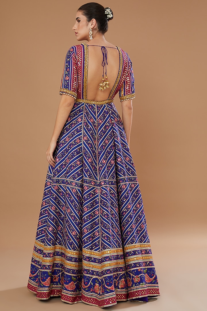 Blue Dupion Printed & Embroidered Wedding Anarkali Set by Irrau by Samir Mantri at Pernia's Pop Up Shop