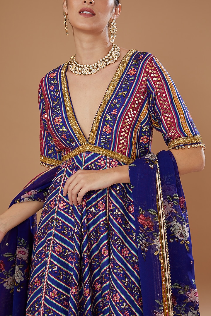 Blue Dupion Printed & Embroidered Wedding Anarkali Set by Irrau by Samir Mantri at Pernia's Pop Up Shop