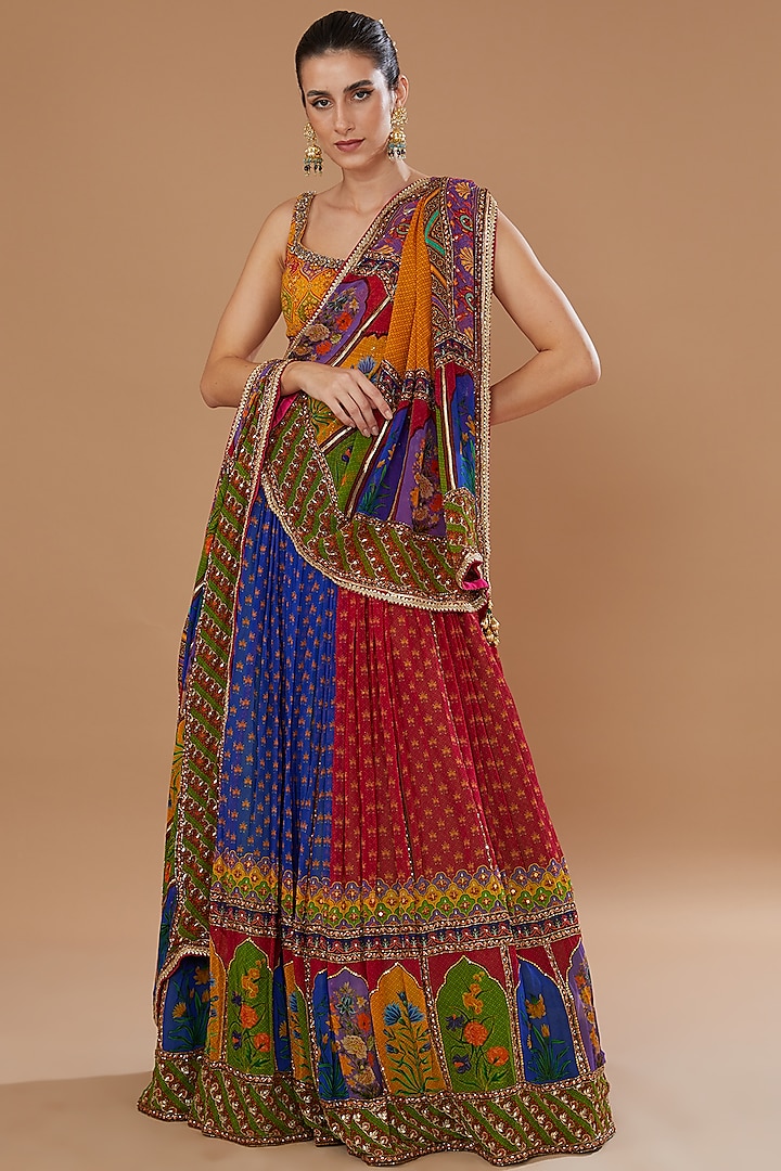 Multi-Coloured Georgette Printed Wedding Lehenga Set by Irrau by Samir Mantri at Pernia's Pop Up Shop