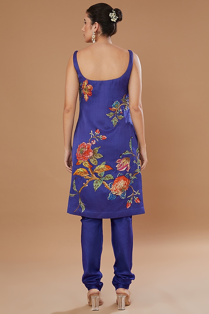 Blue Dupion Printed & Embroidered Tunic Set by Irrau by Samir Mantri at Pernia's Pop Up Shop