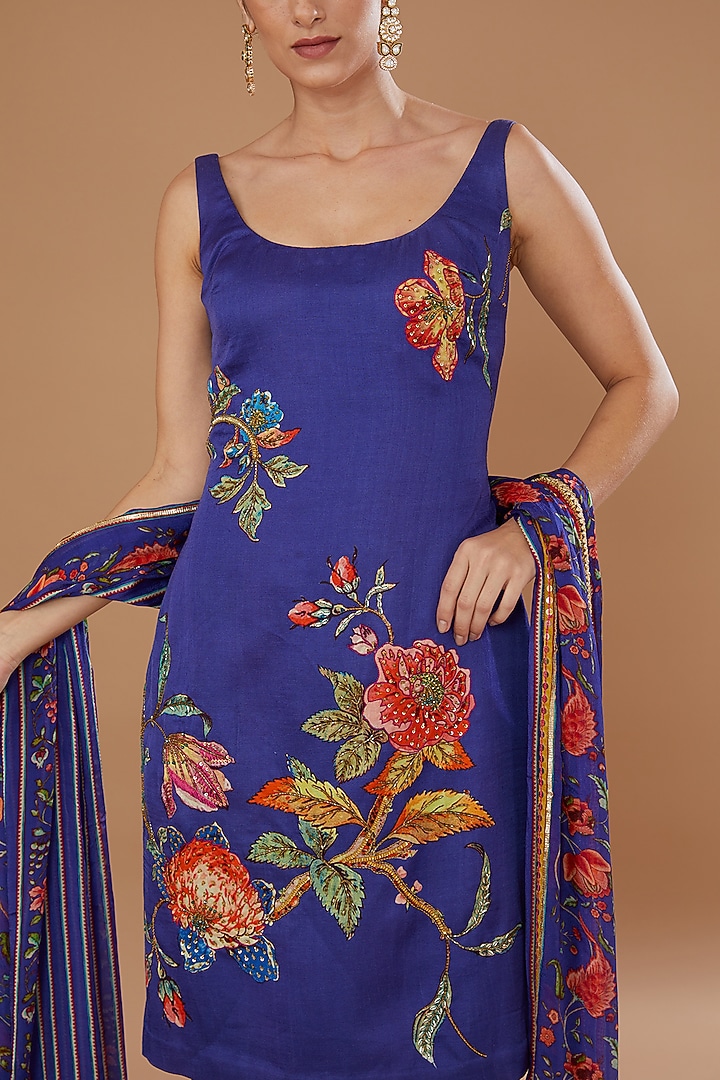 Blue Dupion Printed & Embroidered Tunic Set by Irrau by Samir Mantri at Pernia's Pop Up Shop