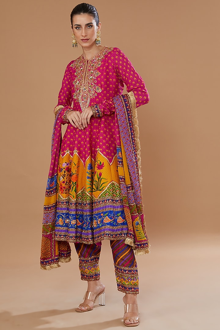 Multi-Colored Dupion Printed & Embroidered Wedding Anarkali Set by Irrau by Samir Mantri at Pernia's Pop Up Shop