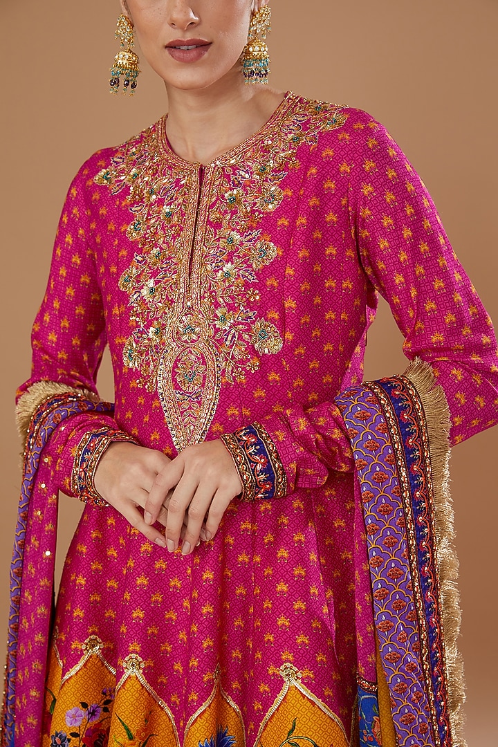 Multi-Colored Dupion Printed & Embroidered Wedding Anarkali Set by Irrau by Samir Mantri at Pernia's Pop Up Shop