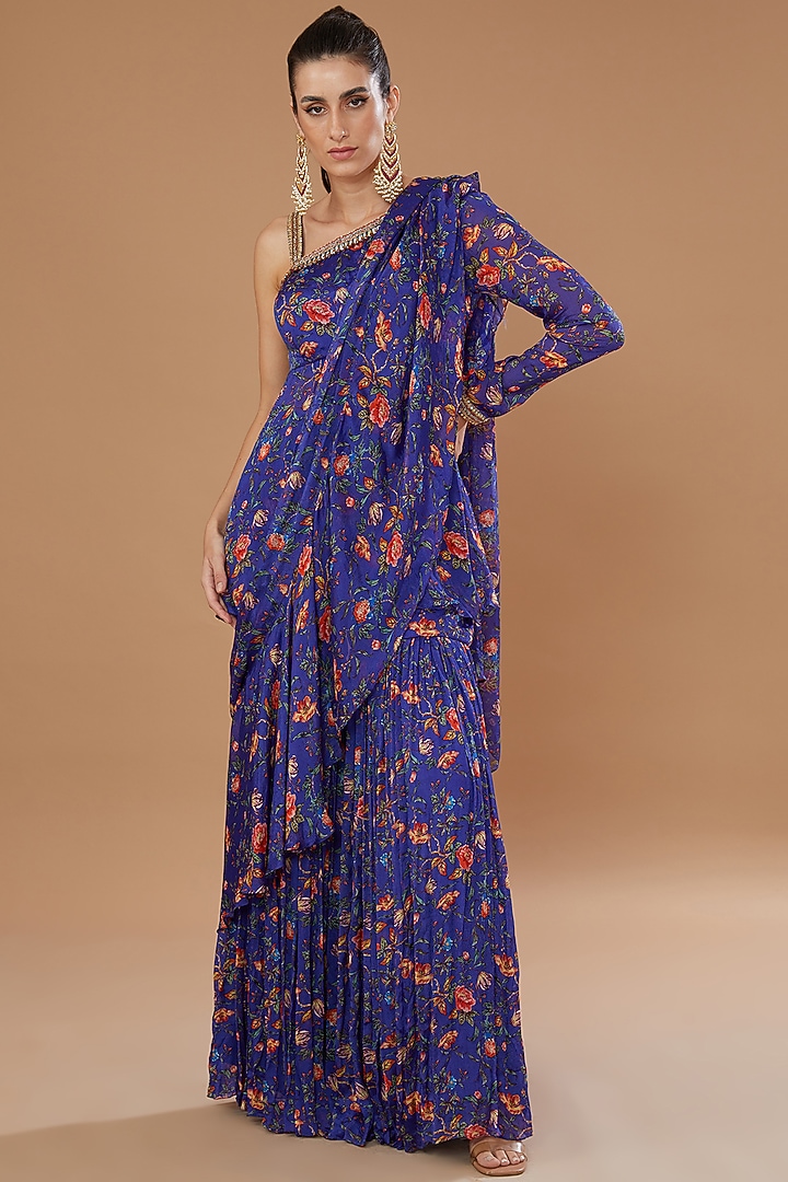 Blue Chiffon Printed Gharara Set by Irrau by Samir Mantri at Pernia's Pop Up Shop