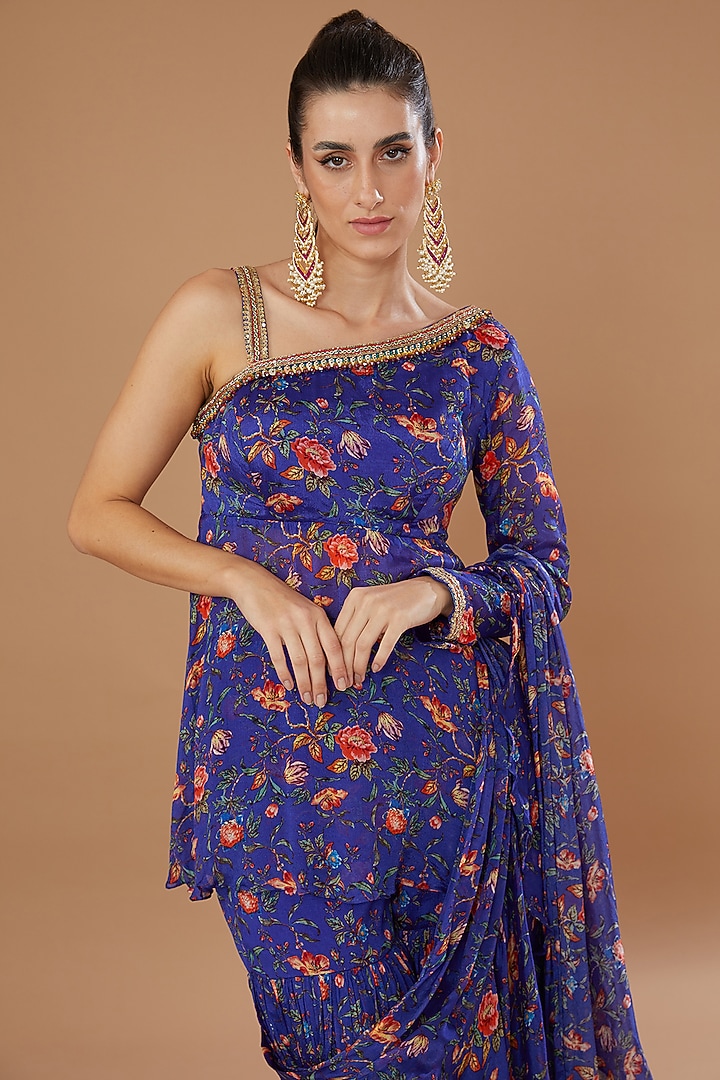 Blue Chiffon Printed Gharara Set by Irrau by Samir Mantri at Pernia's Pop Up Shop