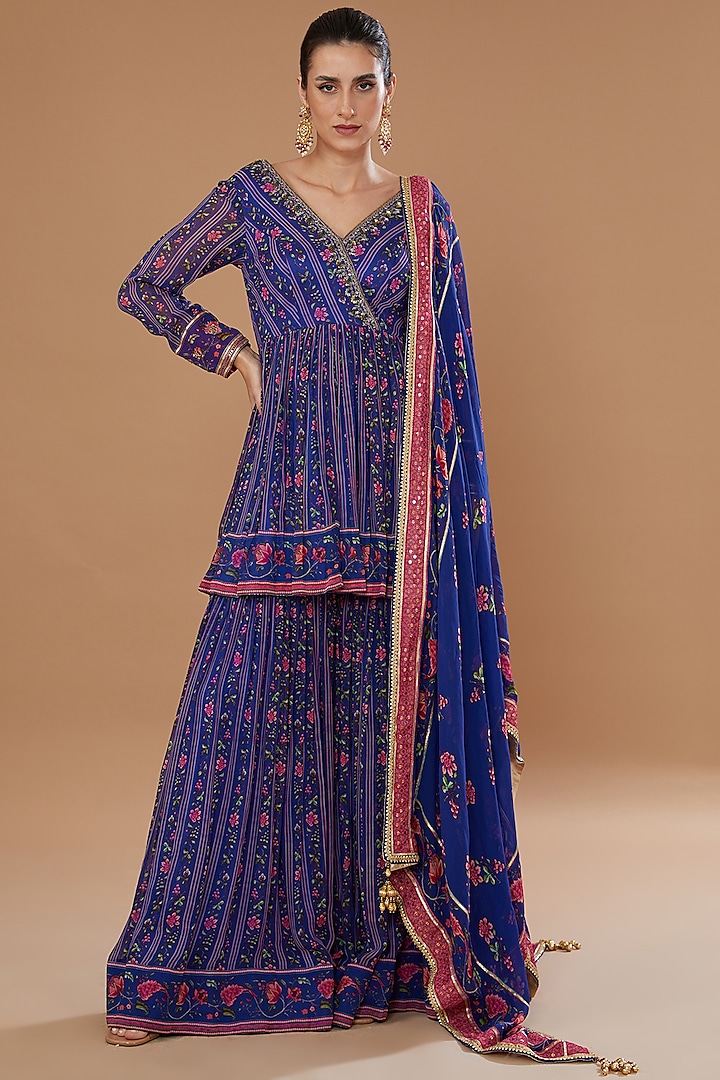 Blue Georgette Printed Gharara Set by Irrau by Samir Mantri at Pernia's Pop Up Shop