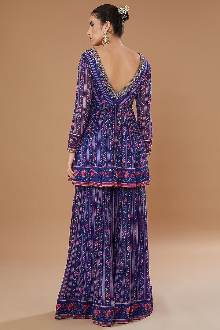 Blue Georgette Printed Gharara Set by Irrau by Samir Mantri at Pernia's Pop Up Shop