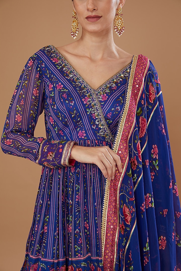 Blue Georgette Printed Gharara Set by Irrau by Samir Mantri at Pernia's Pop Up Shop
