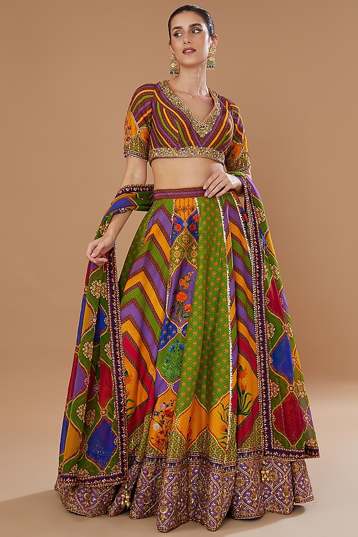 Multi-Colored Dupion Embroidered Wedding Lehenga Set by Irrau by Samir Mantri at Pernia's Pop Up Shop