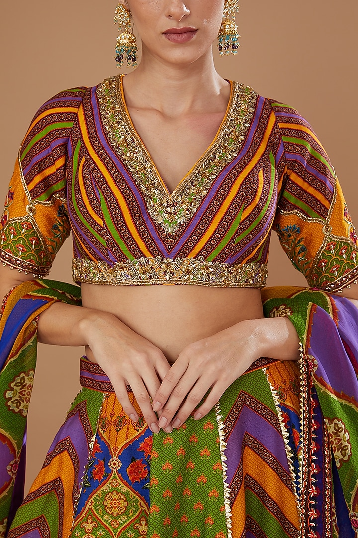 Multi-Colored Dupion Embroidered Wedding Lehenga Set by Irrau by Samir Mantri at Pernia's Pop Up Shop