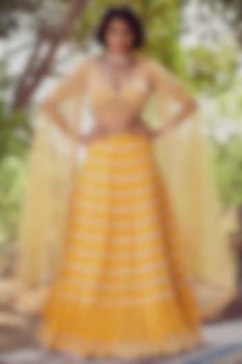 Mango Yellow Floral Embroidered Wedding Lehenga Set by Irrau by Samir Mantri at Pernia's Pop Up Shop
