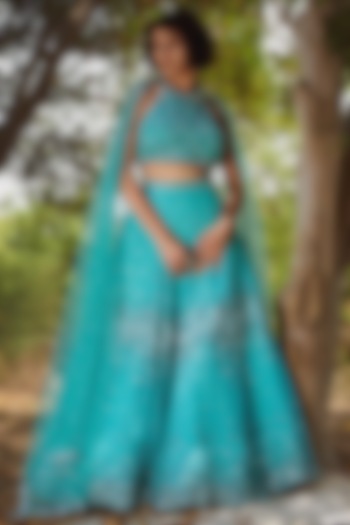 Cyan Embroidered Wedding Lehenga Set by Irrau by Samir Mantri at Pernia's Pop Up Shop