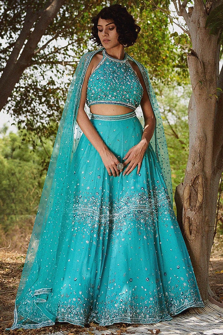 Cyan Embroidered Wedding Lehenga Set by Irrau by Samir Mantri at Pernia's Pop Up Shop