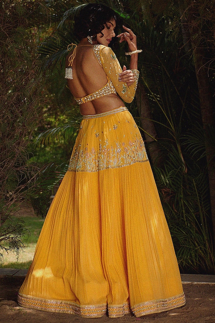 Mango Yellow Hand Embroidered Wedding Lehenga Set by Irrau by Samir Mantri at Pernia's Pop Up Shop