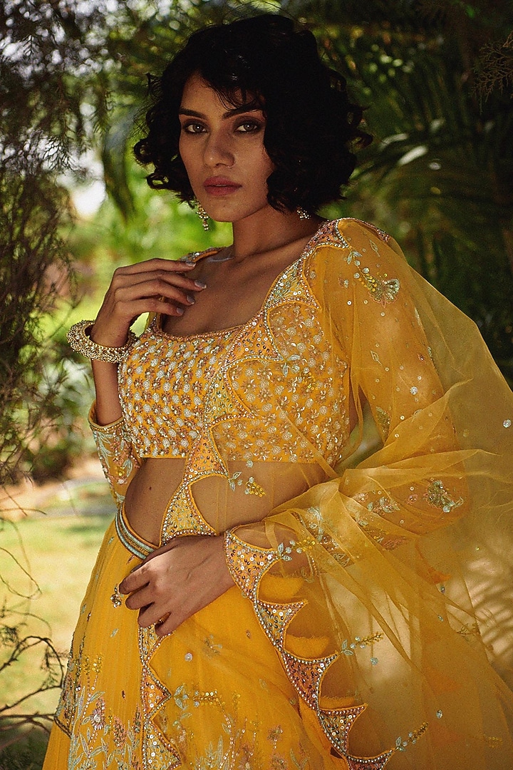 Mango Yellow Hand Embroidered Wedding Lehenga Set by Irrau by Samir Mantri at Pernia's Pop Up Shop