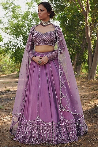 Onion Pink Embroidered Lehenga Set by Irrau by Samir Mantri