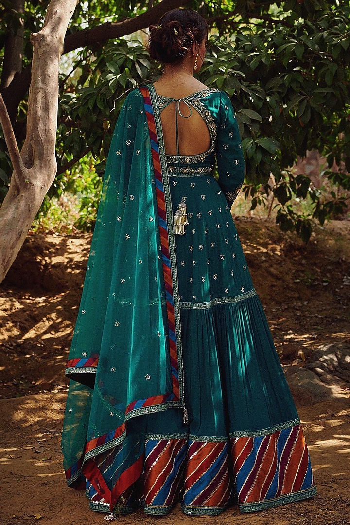 Teal Green Embroidered Wedding Anarkali Set by Irrau by Samir Mantri at Pernia's Pop Up Shop