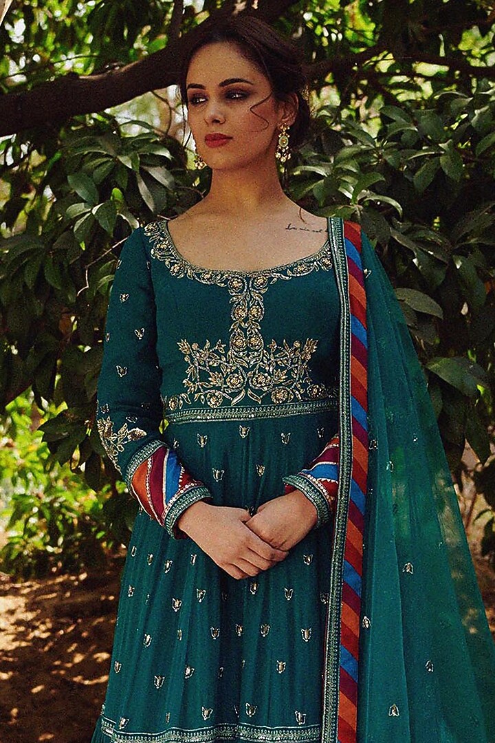 Teal Green Embroidered Wedding Anarkali Set by Irrau by Samir Mantri at Pernia's Pop Up Shop