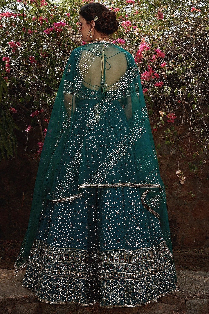 Teal Green Embroidered Wedding Lehenga Set by Irrau by Samir Mantri at Pernia's Pop Up Shop