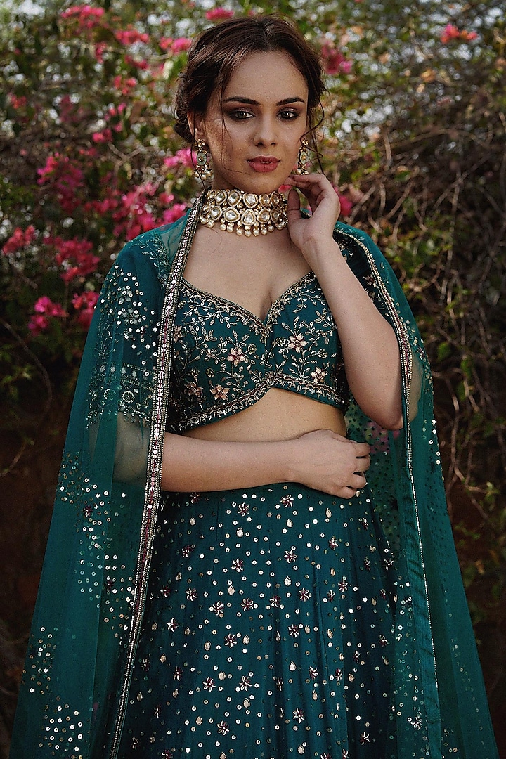 Teal Green Embroidered Wedding Lehenga Set by Irrau by Samir Mantri at Pernia's Pop Up Shop