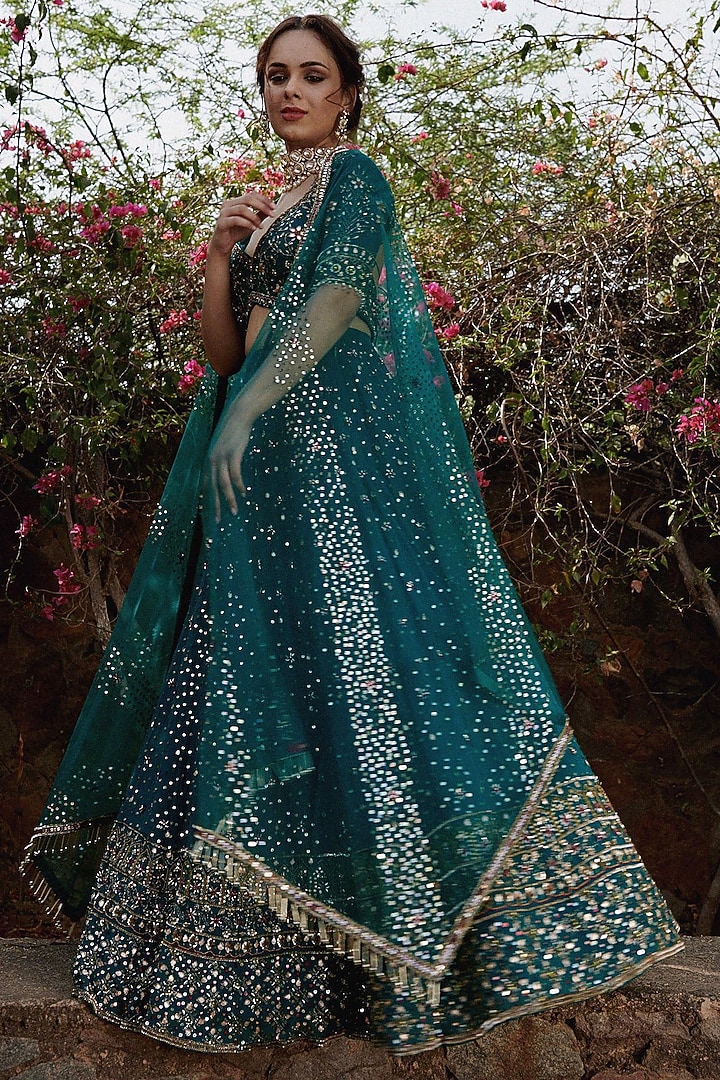 Teal Green Embroidered Wedding Lehenga Set by Irrau by Samir Mantri at Pernia's Pop Up Shop